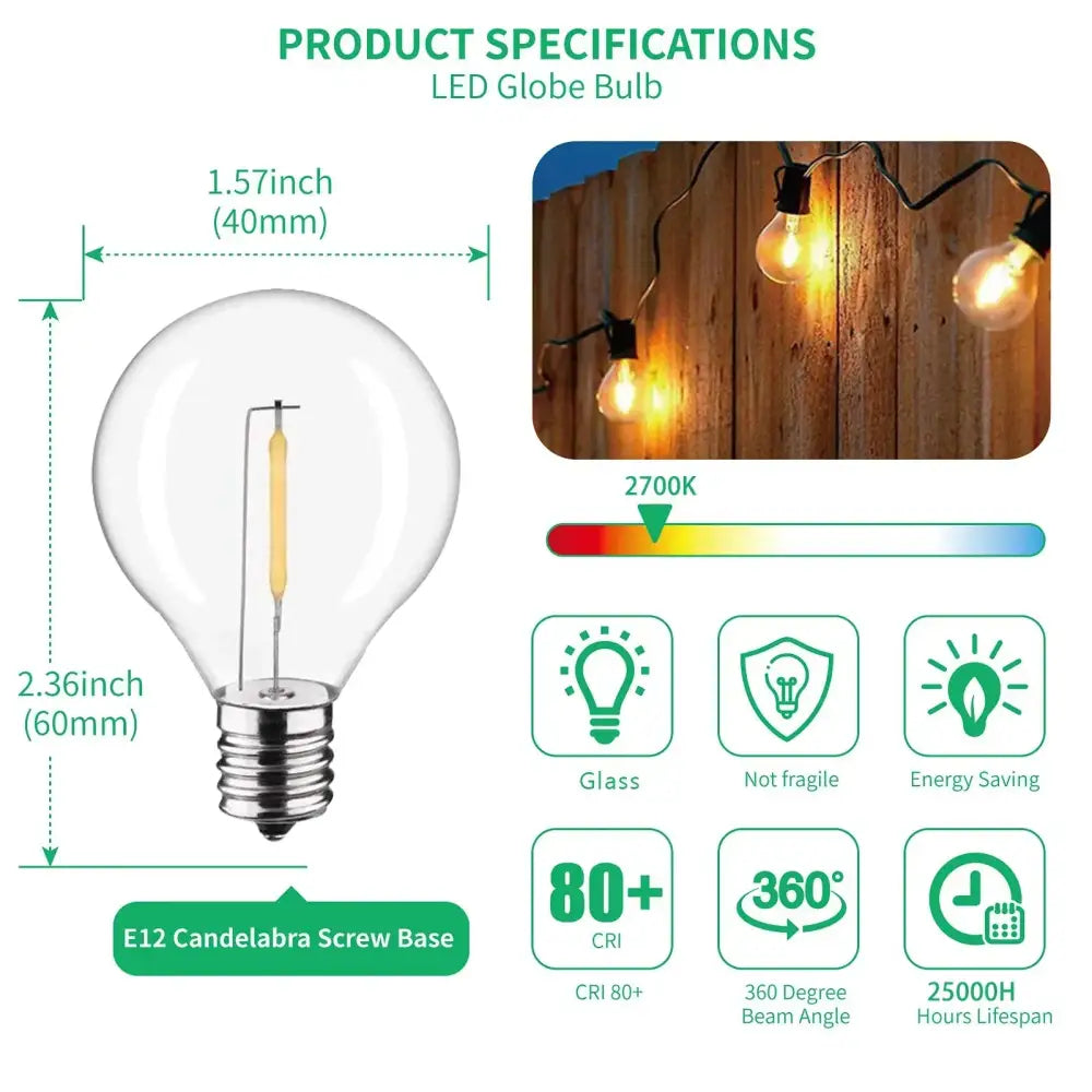 Clear glass decorbites led g40 e12 bulb with warm yellow glow and candelabra screw base for outdoor garden decor