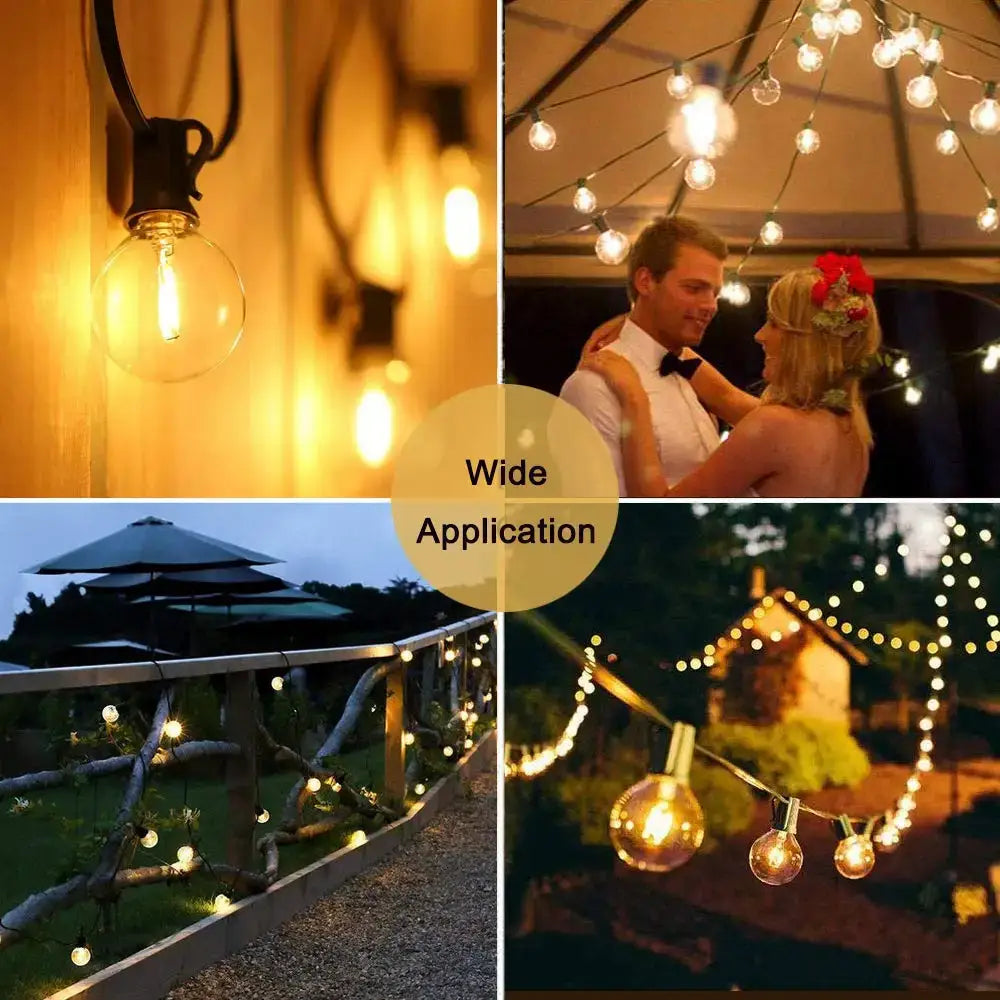 Warm-toned clear glass decorbites led g40 e12 bulbs with exposed filament and black metal sockets for outdoor decor