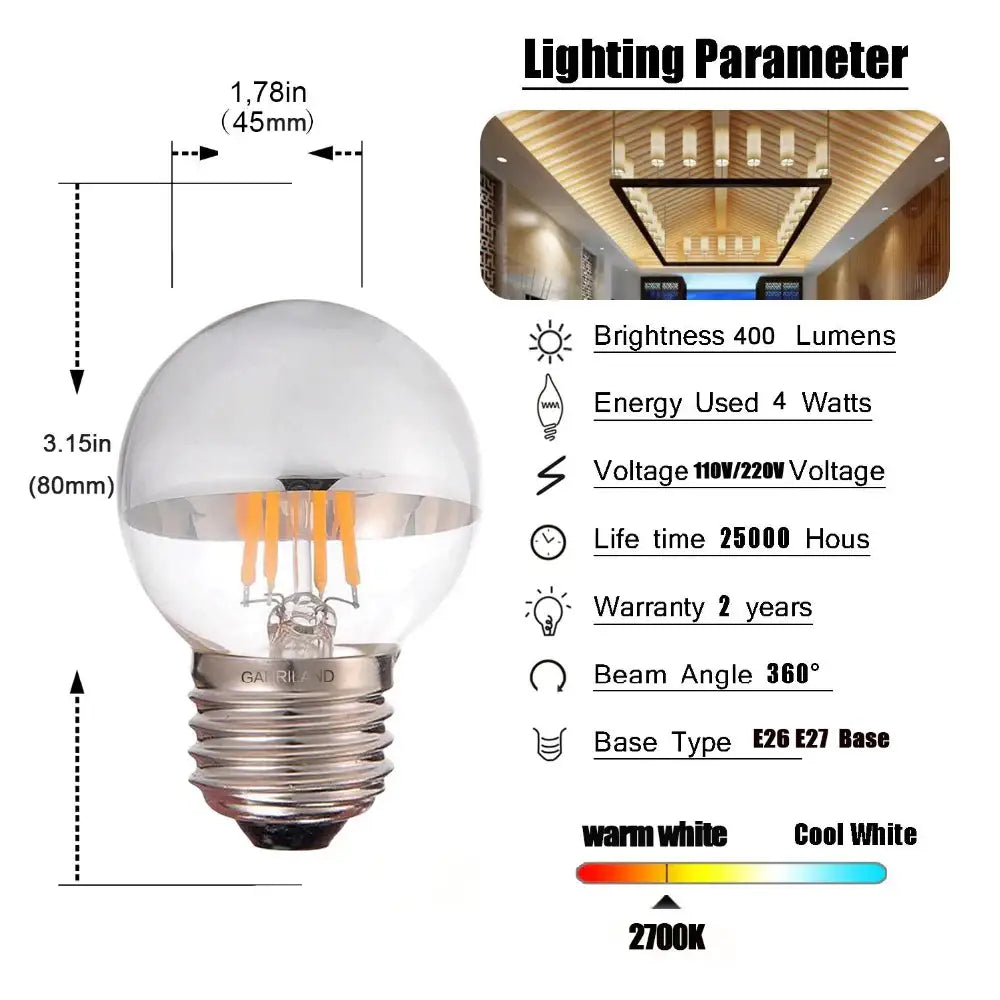 Clear glass decorbites led g45 globe with warm white filament bulb and e26 e27 screw base dimmable silver bowl bulb