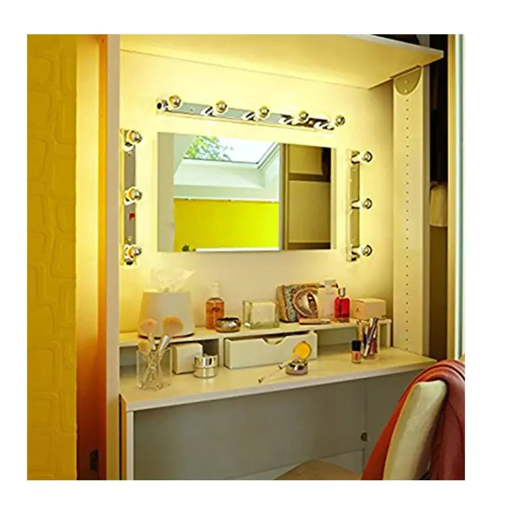 A rectangular vanity mirror with chrome light fixtures showcasing decorbites led g45 globe dimmable silver bowl bulb
