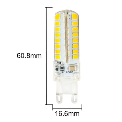 Clear glass decorbites led g9 bulb with warm white light and multiple yellow leds arranged in vertical rows