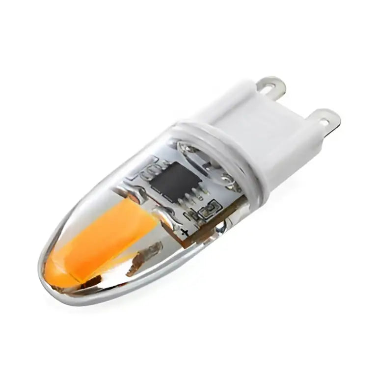 Clear glass led g9 bulbs with white ceramic base and orange led inside decorbites led lighting solution for chandeliers
