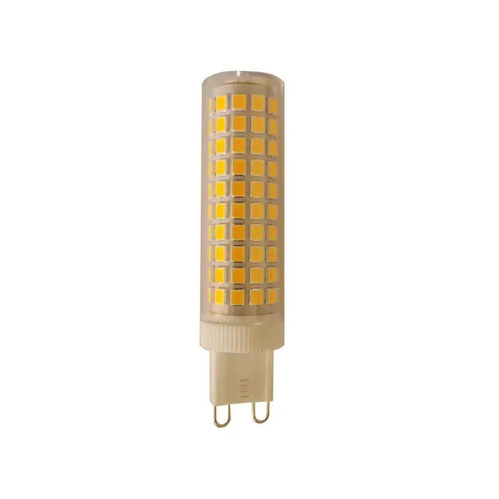 Cream-colored decorbites led g9 bulb with cylindrical body, yellowish square leds, and warm natural white light