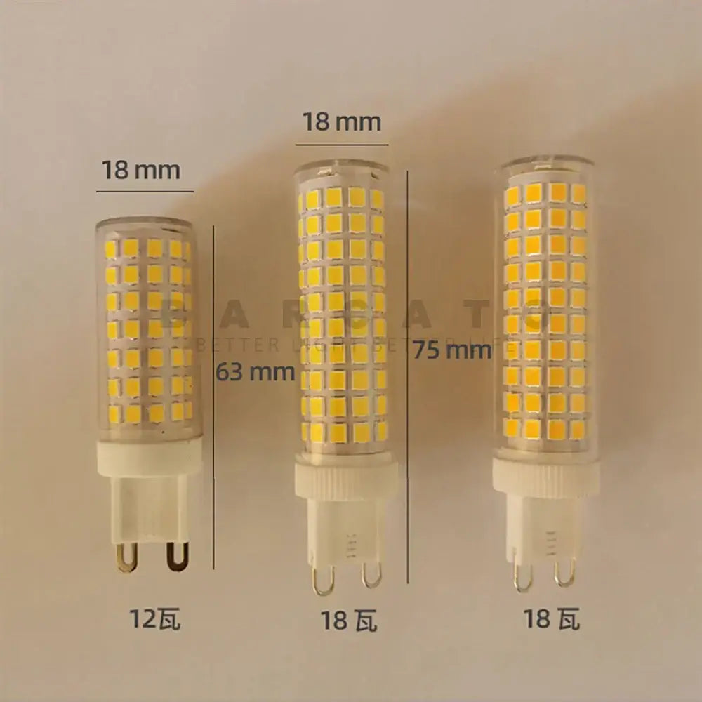 Three decorbites led g9 bulbs with clear glass casings and warm natural white led grid in vertical columns