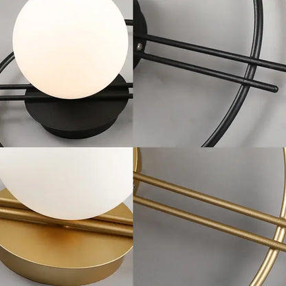 Modern spherical pendant wall sconce with frosted glass globe and metal frame in black or gold for DecorBites LED G9 wall use