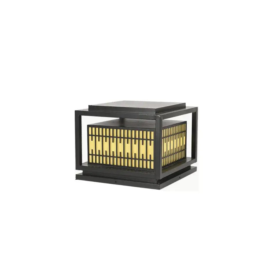 Black metal lantern with square frame and golden vertical slats in decorbites led garden light for outdoor use