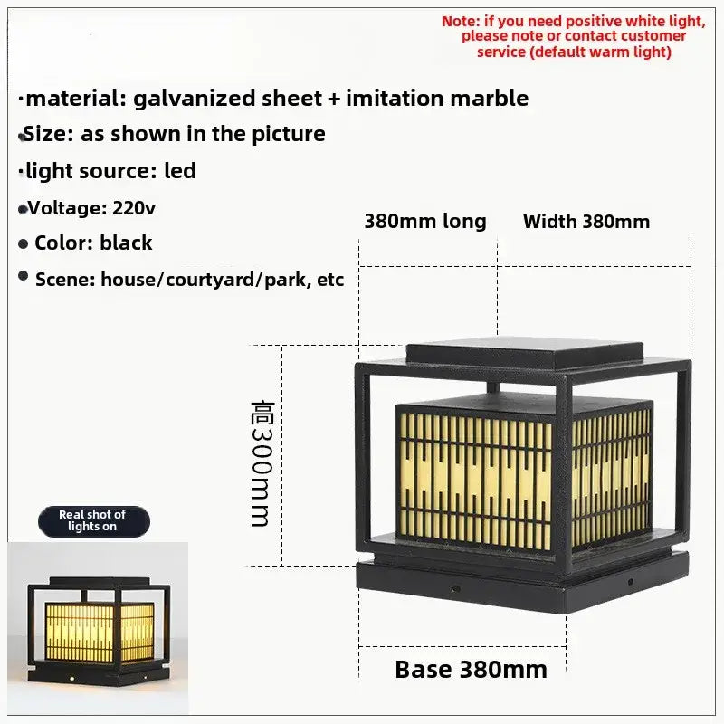 Black square DecorBites led garden light with galvanized metal frame and imitation marble panels featuring warm LED lighting