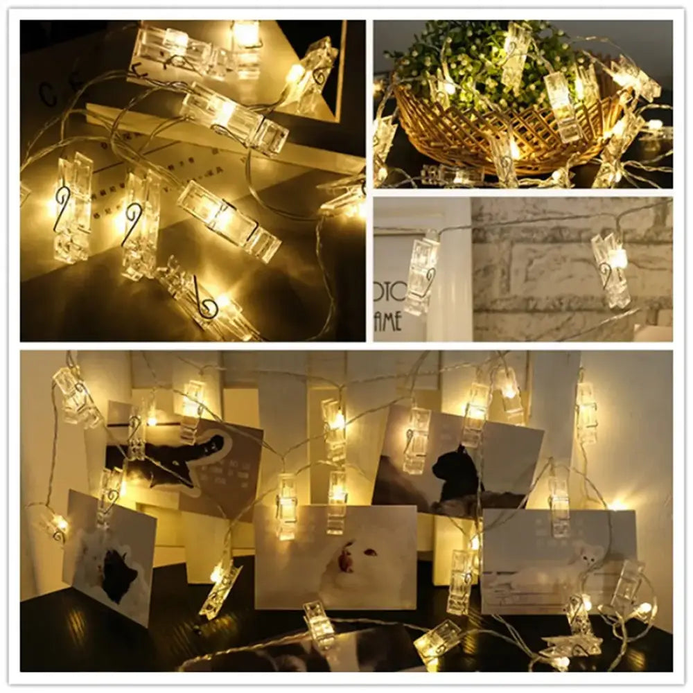 Clear plastic clip-style led garland photo lights with warm white bulbs for decorbites™ party and wedding decor