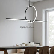 Modern minimalist DecorBites led geometric pendant light with sleek black ring and horizontal LED bar for living room decor