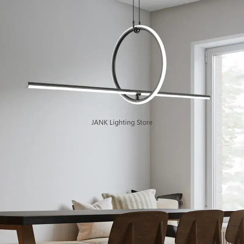 Modern minimalist DecorBites led geometric pendant light with sleek black ring and horizontal LED bar for living room decor