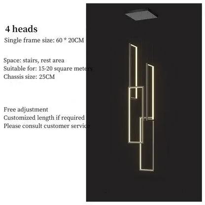 Modern geometric decorbites led geometry stair chandelier with four illuminated golden rectangular frames and black ceiling mount