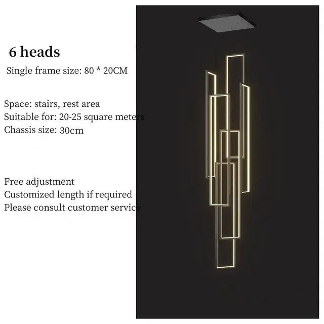 Modern geometric chandelier with six warm golden illuminated rectangular frames by DecorBites led geometry stair fixture