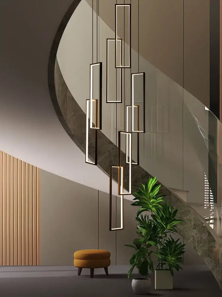 Decorbites led geometry stair chandelier with modern black frames and gold accents for luxury nordic villa lighting