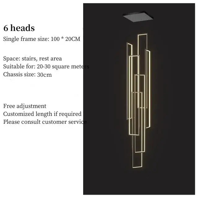 Modern gold-toned decorbites led geometry stair chandelier with six illuminated rectangular frames for luxury living
