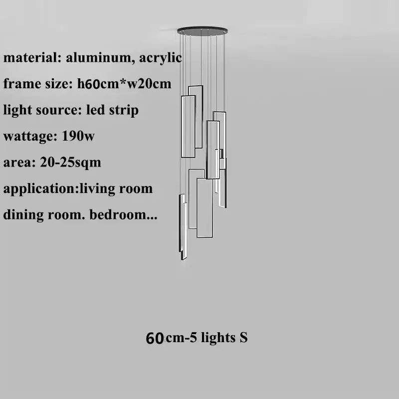 Modern minimalist decorbites led geometry stair chandelier with sleek aluminum and acrylic frame and five vertical led strips