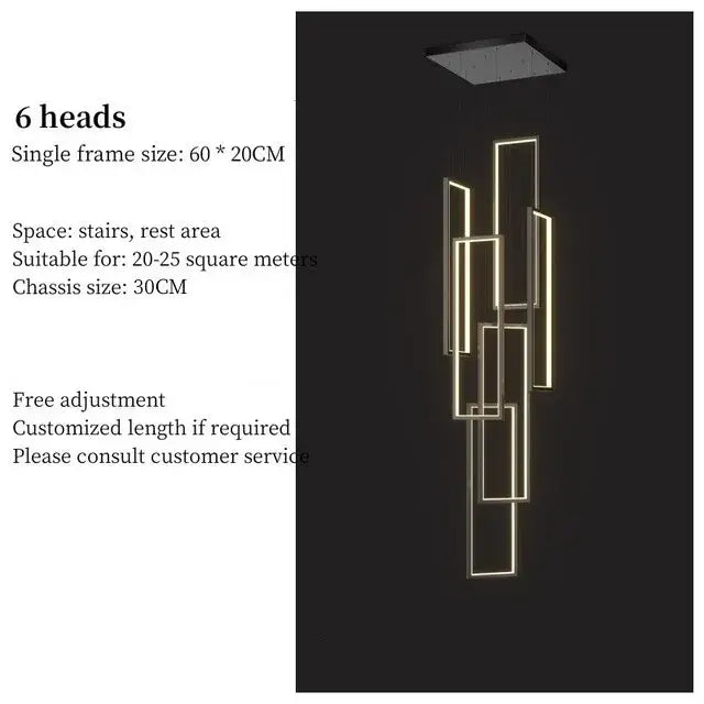 Modern geometric chandelier with six warm lit rectangular lights and sleek metallic frames in decorbites led geometry stair design