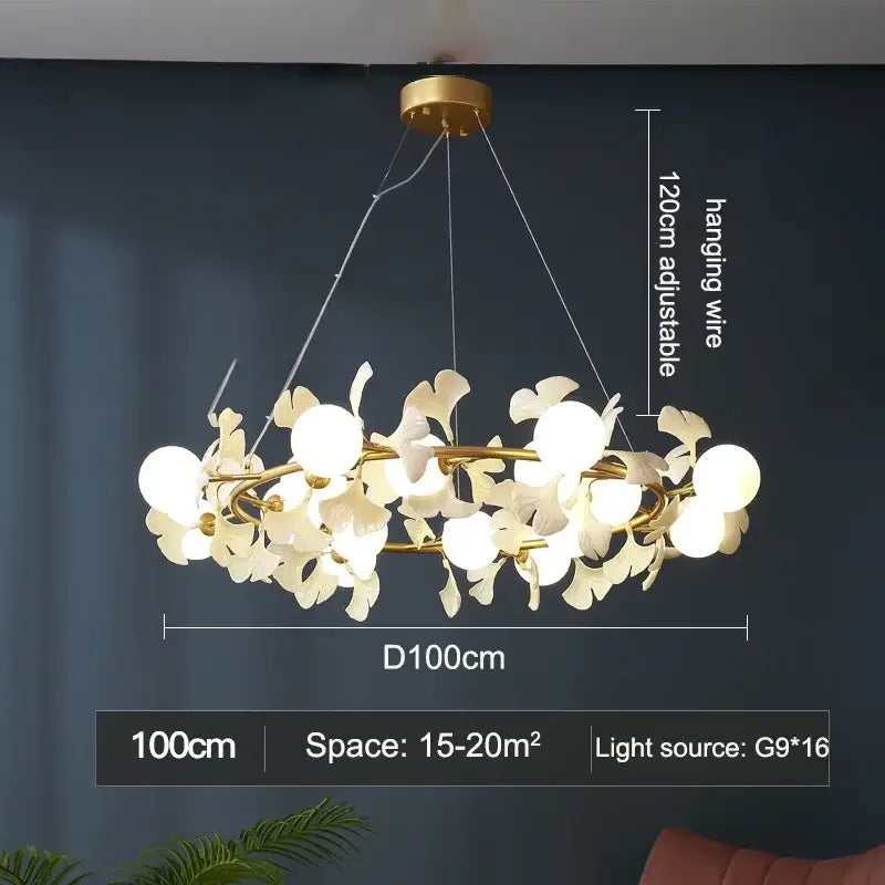 Gold-toned decorbites led gingko leaf ceiling chandelier with white petal glass shades and spherical bulbs in circular design