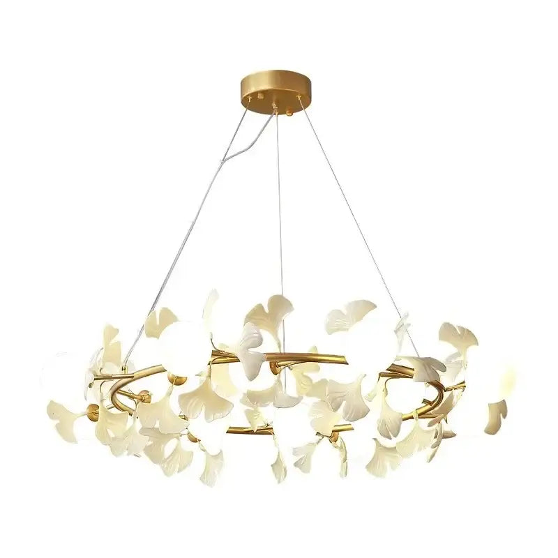 Elegant gold-toned decorbites led gingko ceiling chandelier with cream led gingko leaf ornaments for living room lighting