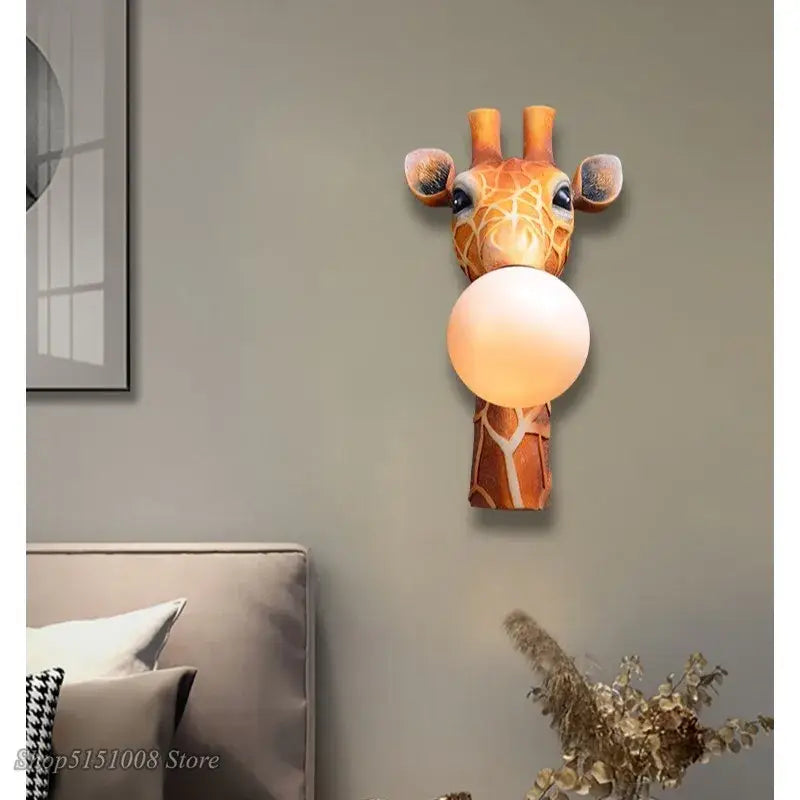 Decorbites led giraffe wall lamp with textured orange-brown body and glowing bulb for modern home decor