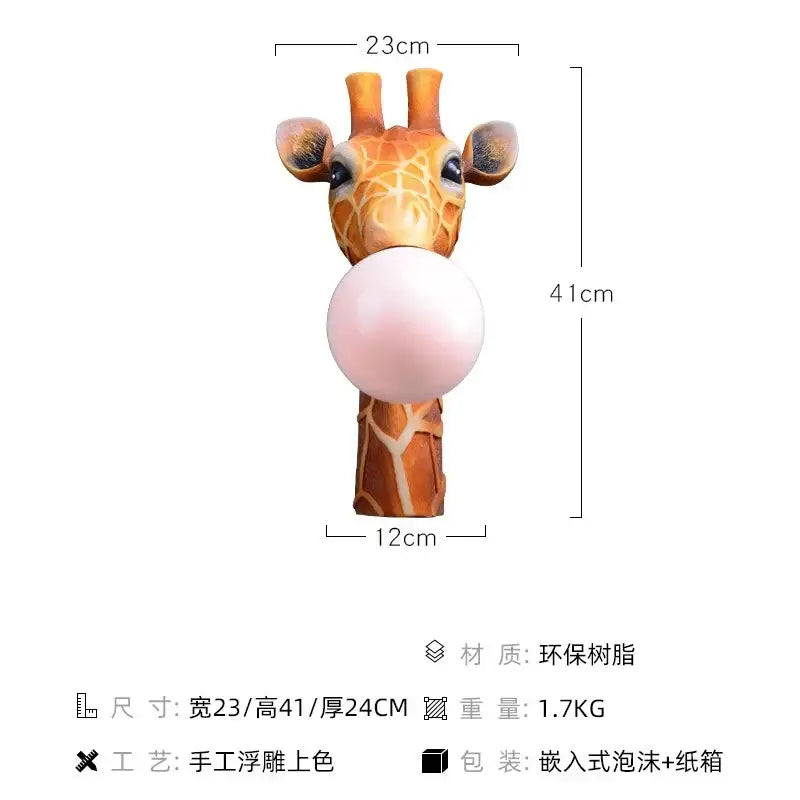 Decorbites led giraffe wall lamp with realistic orange brown coat blowing a pink bubblegum bubble for home decor