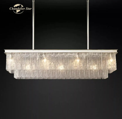 Rectangular decorbites led glace chandelier with layered clear glass panels and polished chrome frame for dining room