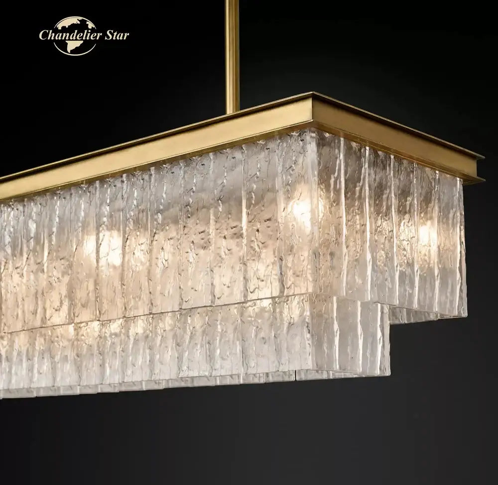 Decorbites led glace rectangular chandelier with brass frame and cascading textured glass panels for dining and living room