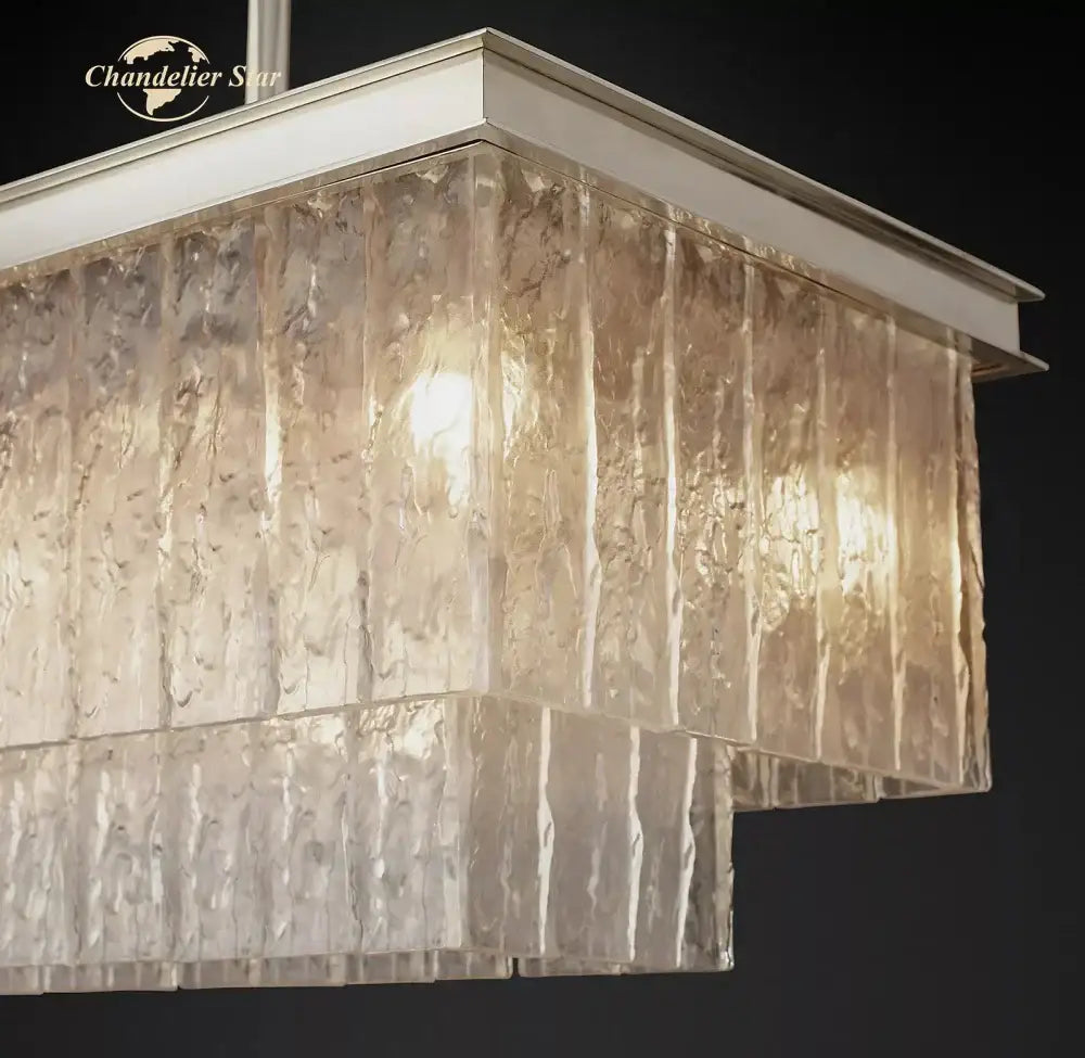 Rectangular glace chandelier by DecorBites LED Glace with amber glass panels and silver frame for dining and kitchen use
