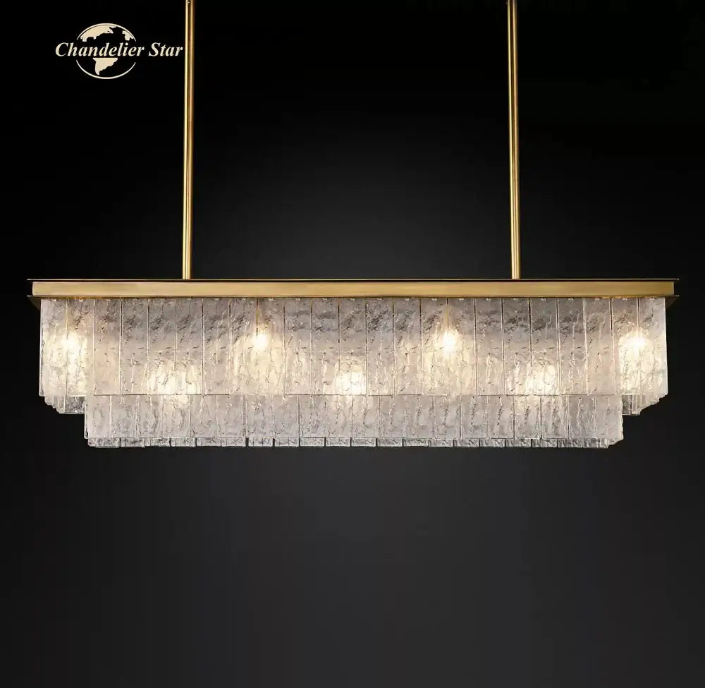 Decorbites led glace rectangular chandelier with gold tone and layered clear glass panels for dining and living rooms