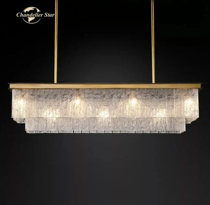 Decorbites led glace rectangular chandelier with gold tone and layered clear glass panels for dining and living rooms
