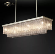 Decorbites led glace rectangular chandelier with layered textured glass panels and sleek metallic frame for dining room
