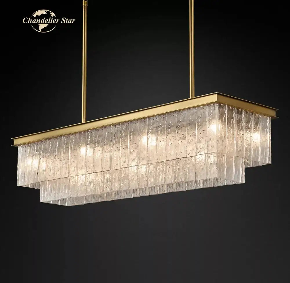 Gold-toned decorbites led glace rectangular chandelier with cascading clear glass panels for dining kitchen living room lighting
