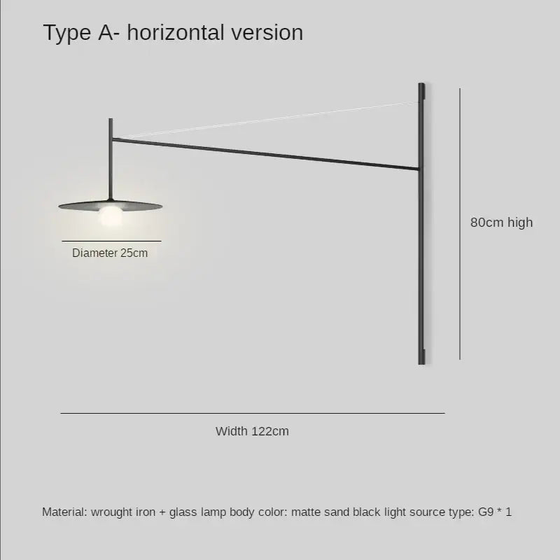 Matte sand black wrought iron and glass wall sconce with horizontal arm design for living room and studio lighting