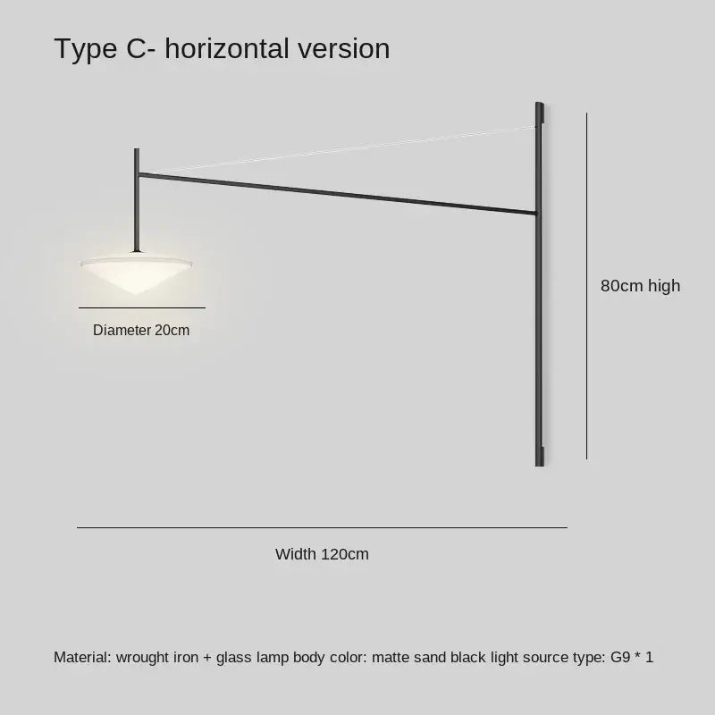 Matte sand black wrought iron and glass decorbites led glass art wall lamp with horizontal arm for living room and studio