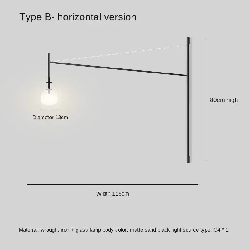 Matte sand black wrought iron decorbites led glass art wall lamp with spherical glass housing and long rocker arm for living room