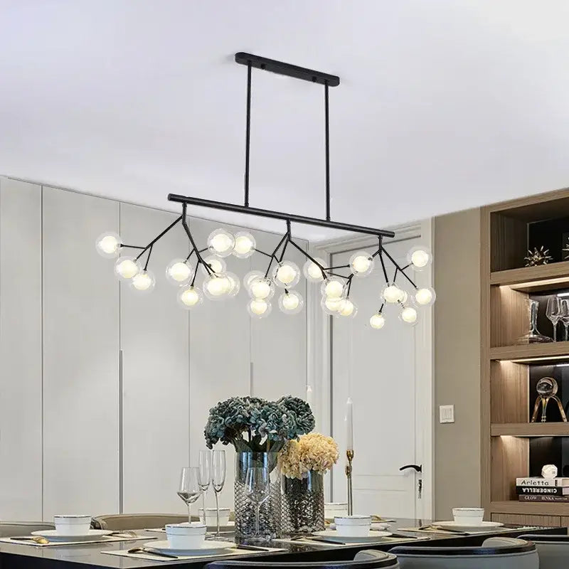 Black metal decorbites led glass ball branch chandelier with multiple spherical bulbs in modern firefly design