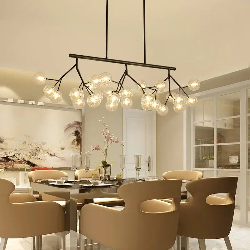Black metal DecorBites LED glass ball branch chandelier with multiple clear glass globe bulbs for modern lighting