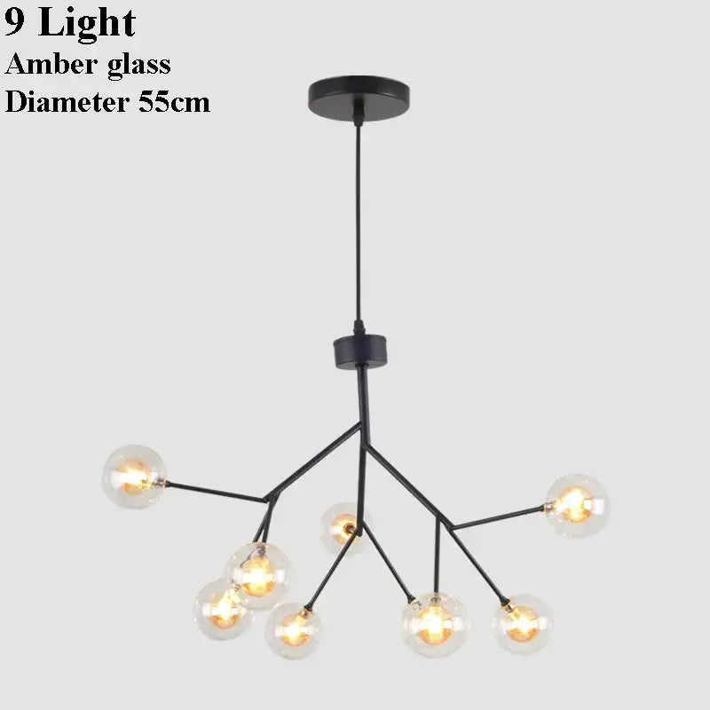 Black metal decorbites led glass ball branch chandelier with nine amber glass globe lights modern firefly design