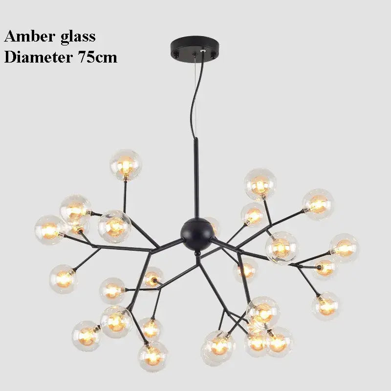 Black metal DecorBites LED glass ball branch chandelier with multiple amber glass globe bulbs for modern lighting