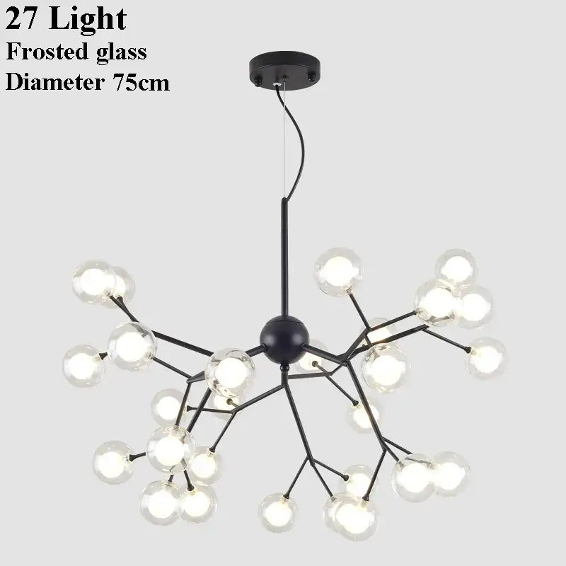 Black metal DecorBites LED glass ball branch chandelier with 27 frosted glass globe lights for modern firefly decor