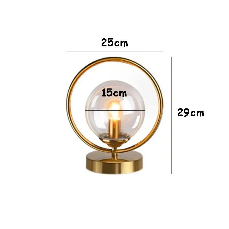 Decorbites led glass ball brass ring table lamp with gold-toned circular base and clear globe for stylish living lighting