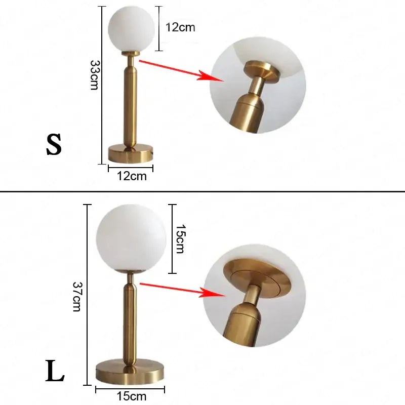 Gold-finished decorbites led glass ball table lamp with white spherical shade and circular base in small and large sizes
