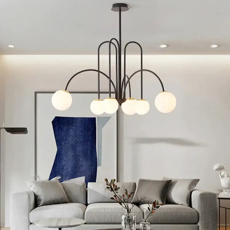 Modern black metal DecorBites LED glass chandelier with six frosted glass ball ceiling lights for home decor lighting