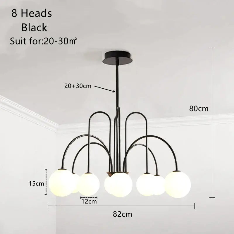 Black metal decorbites led glass ball ceiling chandelier with eight frosted glass spherical light fixtures for home decor lighting