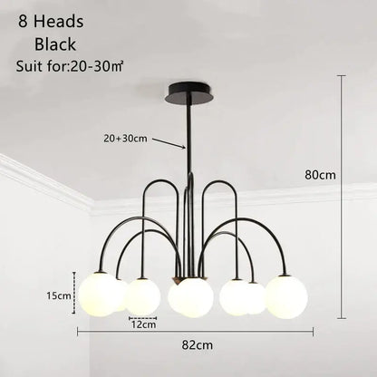 Black metal decorbites led glass ball ceiling chandelier with eight frosted glass spherical light fixtures for home decor lighting