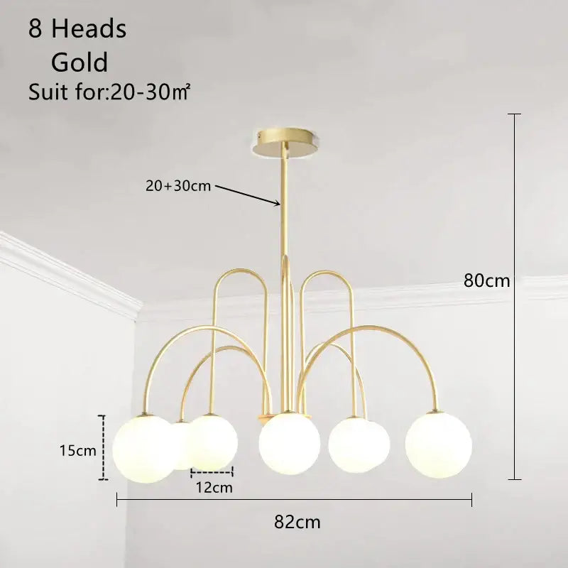 Gold-finished decorbites led glass ball ceiling chandelier with eight frosted glass spherical light fixtures for home decor lighting