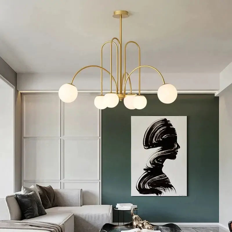 Gold-toned decorbites led glass ball ceiling chandelier with six spherical frosted glass globes for home lighting