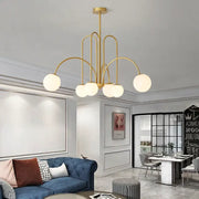 Gold-toned decorbites led glass ball ceiling chandelier with five frosted glass shades for modern home decor lighting