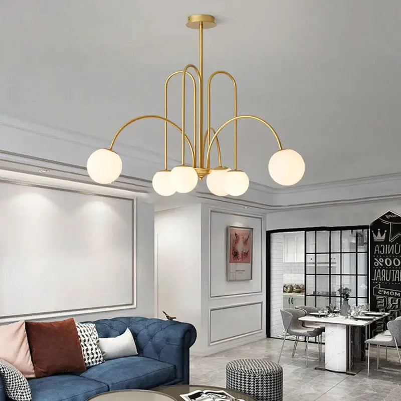Gold-toned decorbites led glass ball ceiling chandelier with five frosted glass shades for modern home decor lighting