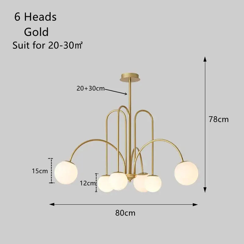 Gold-finished DecorBites LED glass ball ceiling chandelier with six spherical glass globe lights for home decor lighting