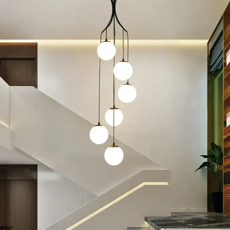 Modern black metal decorbites led glass chandelier with five frosted glass globes for living room and dining loft decor